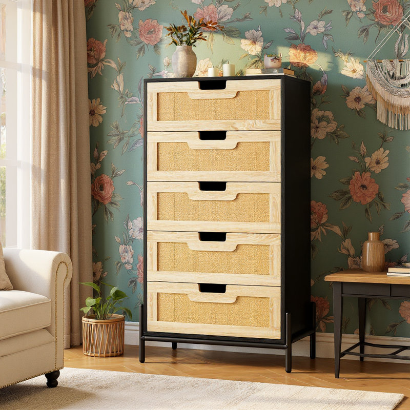 Modern Dresser, 5-Drawer Tall Storage Unit For Bedroom, Living Room, Hallway, And Office, Black, Brown