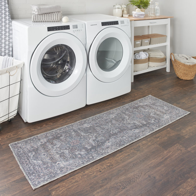 Tapis oriental gris en polyester lavable à la machine Lyiah, Tapis de couloir 2 pi x 6 pi