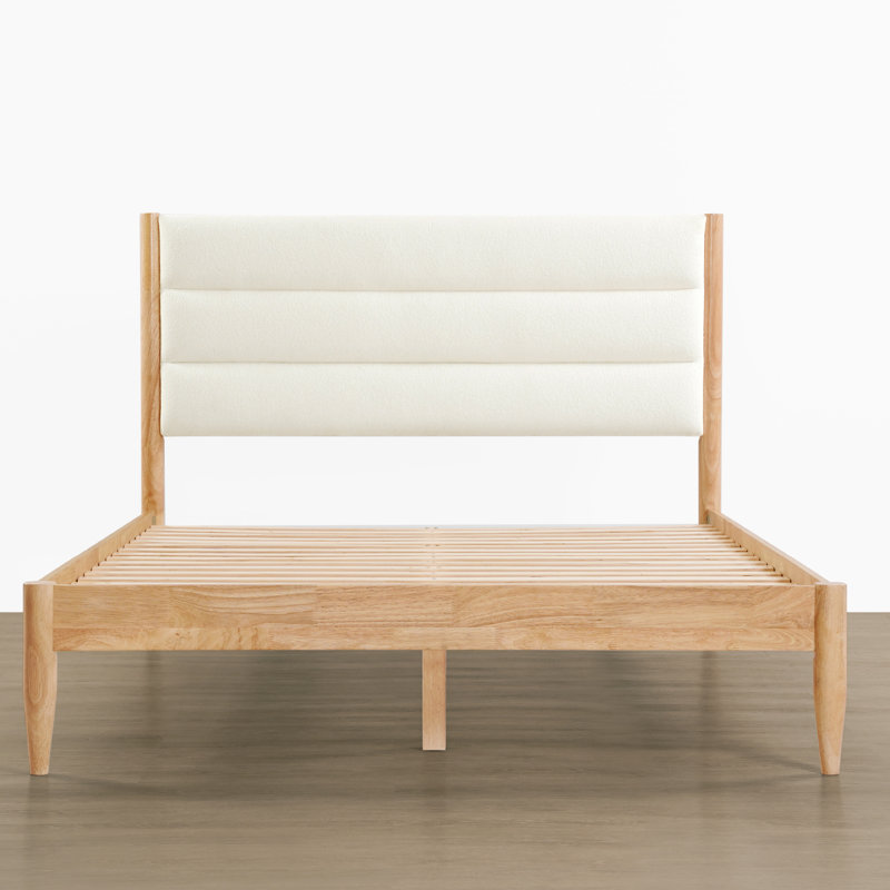 Nasia Solid Wood Boucle Upholstered Headboard Bed Frame, Queen, Cream