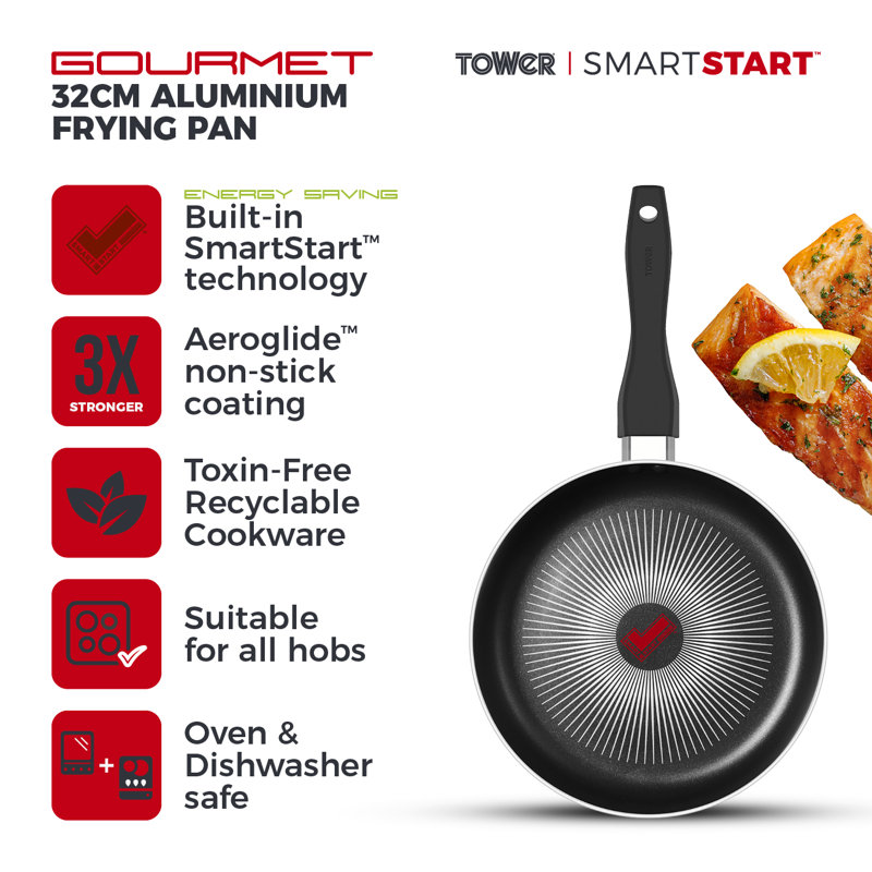 Tower SmartStart Gourmet Aluminium Frying Pan with Easy Clean Aeroglide Non-Stick, Long Lasting, Induction Compatible, Oven Safe, PFOA Free, Black