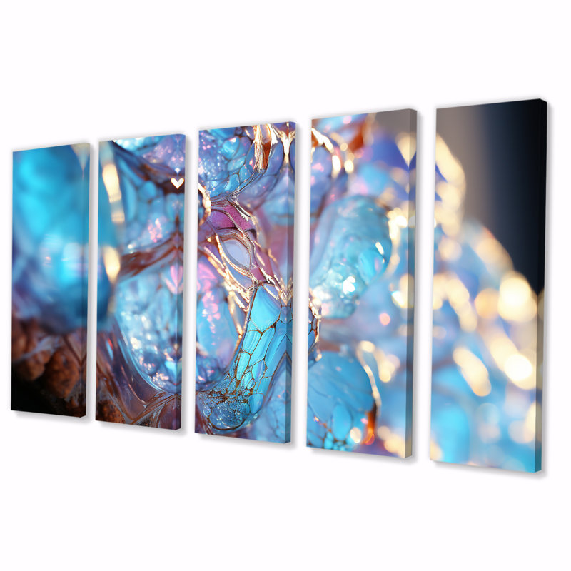 Structure de cristal turquoise - art mural abstrait 5 pièces, H 32 po x l 80 po