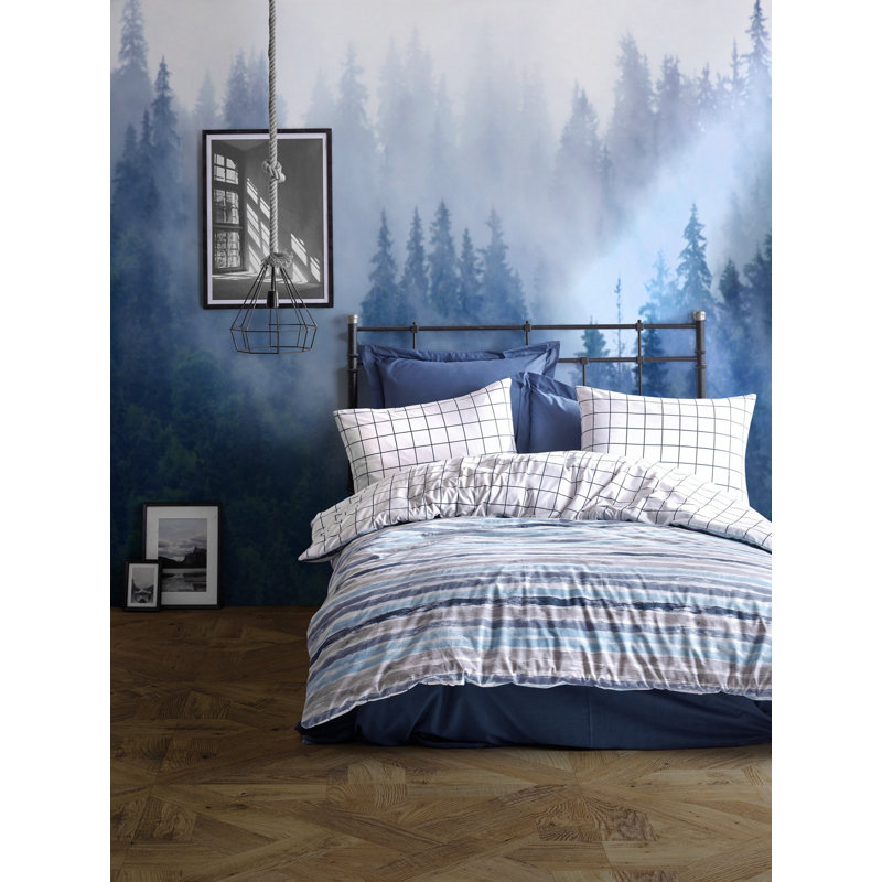 Ensemble de housse de couette 100% coton bleu / blanc Maryanna, Housse de couette 61 po x 87 po + 1 taie d'oreille