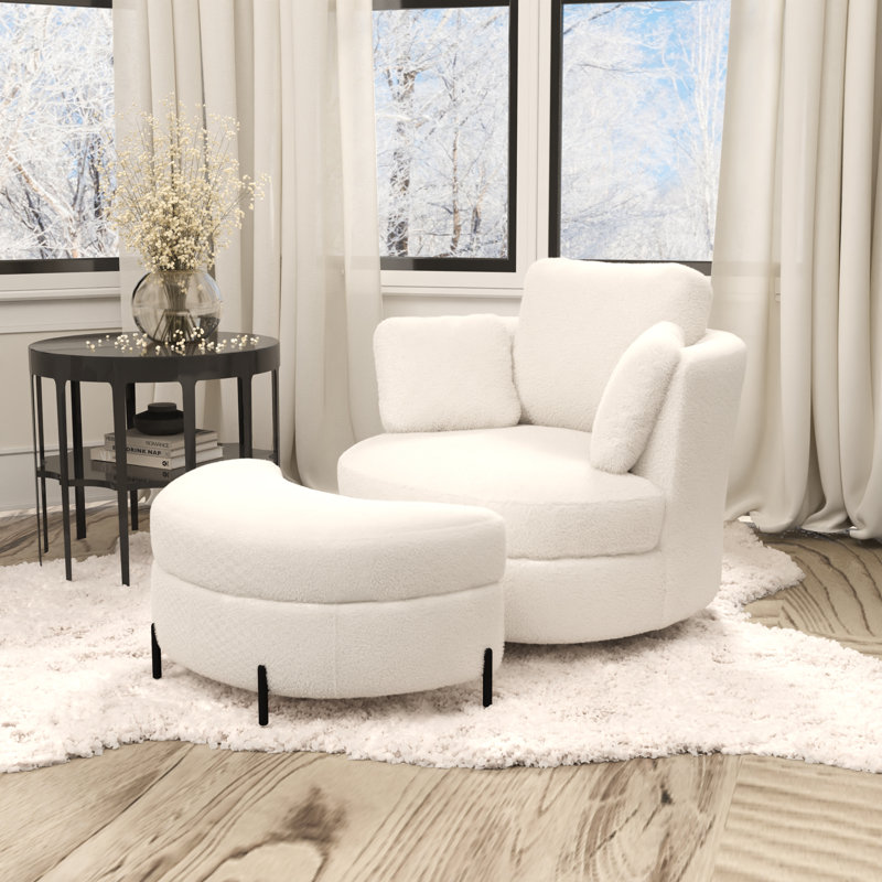 Fauteuil d'appoint pivotant avec repose-pieds de rangement, Ivoire ivoire