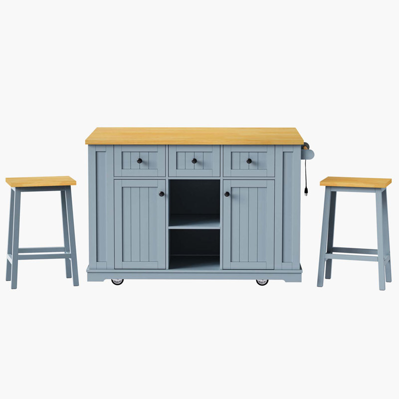 Grand îlot de cuisine de 53 po avec 2 tabourets de bar et prise de courant, Gris te bleu