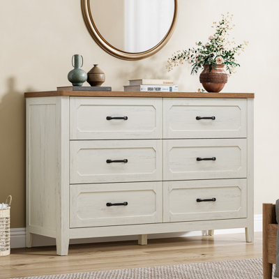 48" 6-Drawer Dresser with Metal Handles Wood Wide Chest of Drawers
