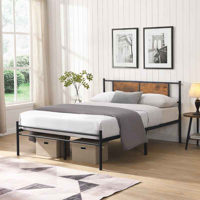 Grande tête de lit en métal avec panneau décoratif en bois noir, Noir / brun, Métal / bois, Queen