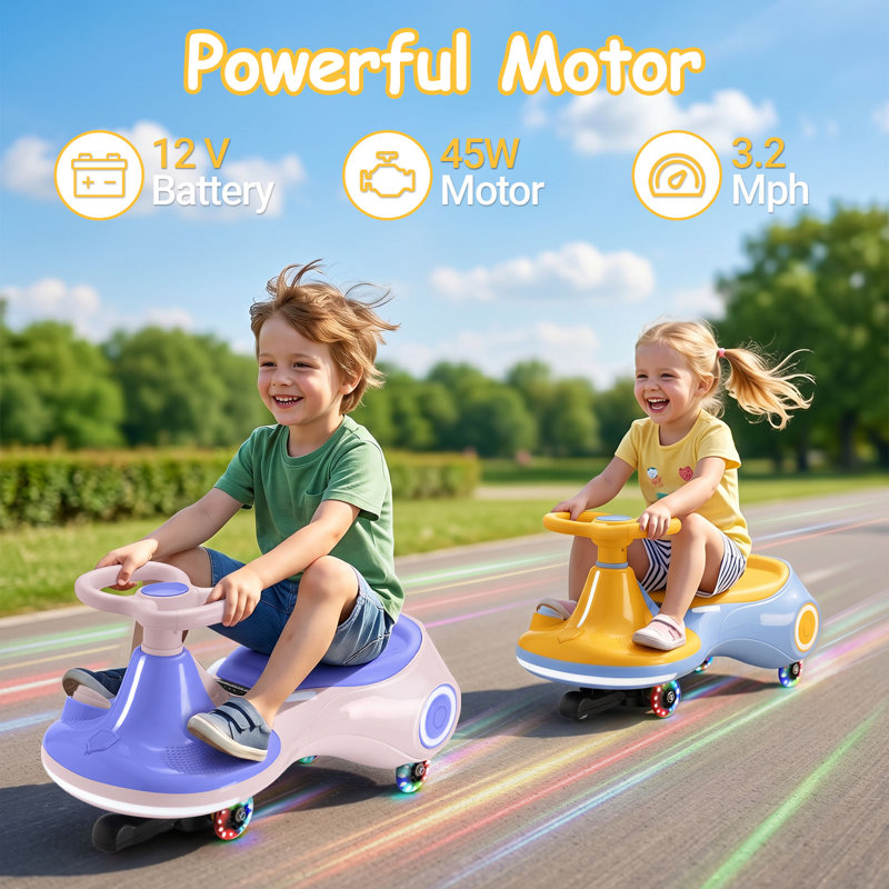 BacklD 12V Electric Wiggle Car for Kids, Rechargeable Battery, 3 in 1 Ride On Toy with Pedal & Light-Up Wheels, Bluetooth Music, Anti-Rollover Swing Car for Toddler Ages 3+, 160lbs Max Load, Yellow
