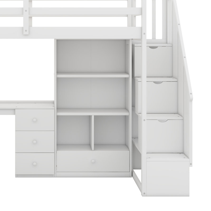 Lit mezzanine simple avec bureau intégré en forme de L, escalier de rangement et tiroirs - Lit d'étude peu encombrant avec armoire, tablettes pour petite pièce