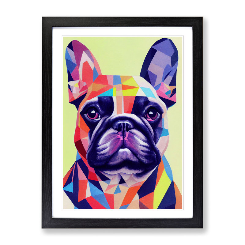 FRM-V0523-1051X French Bulldog Painting Geometric - Picture Frame Print, 64cm H x 46cm W x 2cm D, Oak Framed