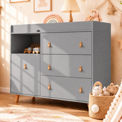 Modern Baby Changing Table Dresser with 4 Drawers and Storage Shelf, Nursery Organizer with Removable Changing Topper