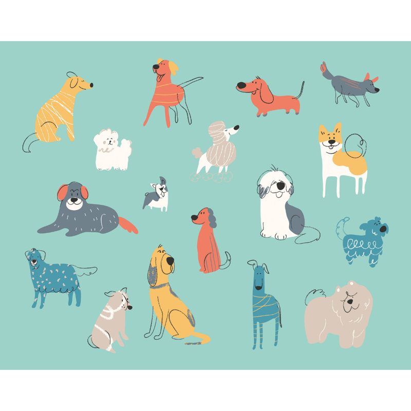 Happy Dogs - Wall Mural, 280cm L x 350cm W , Teal Blue