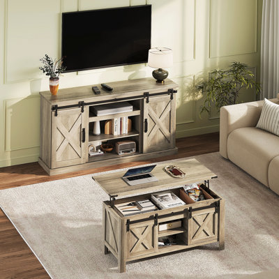 Ensemble de salon de style ferme 2 pièces, meuble télé à portes coulissantes de style grange pour téléviseurs jusqu'à 65 pouces, table basse relevable avec rangement dissimulé, chêne rustique