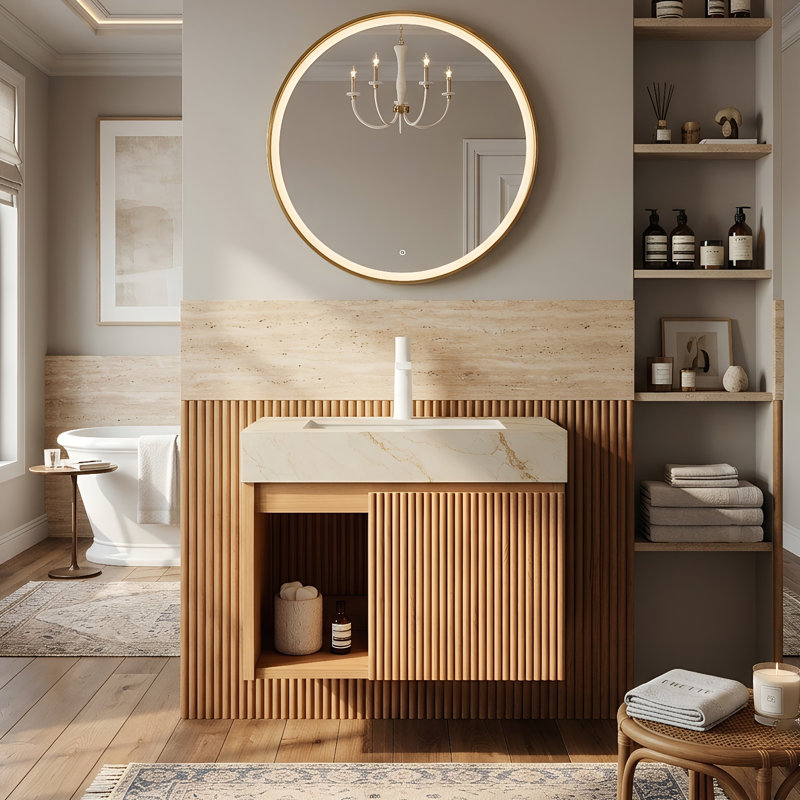 Meuble-lavabo flottant mural 24 po avec porte cannelée 3D, tablette ouverte, armoire en contreplaqué, plateau en pierre frittée crème et cuve en céramique (naturel)