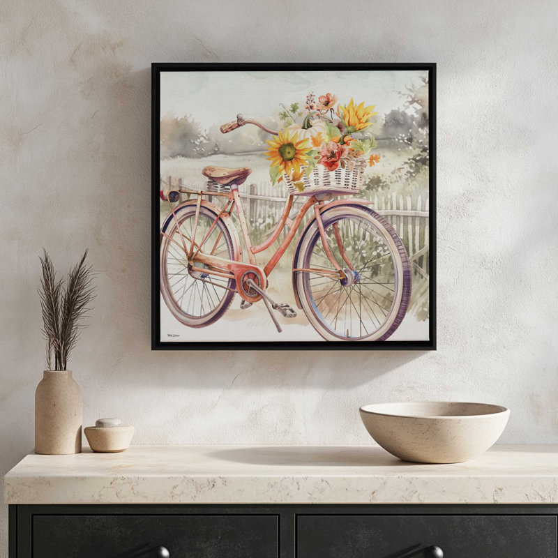 «Fall Floral Bicycle II» par Nicole DeCamp, reproduction d'art, L 36 x H 36, Argent, Toile avec cadre
