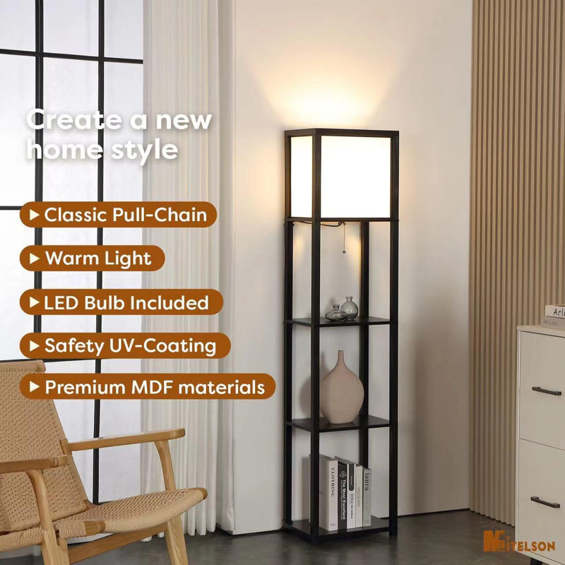 4-Tier Modern Floor Lamp With Shelves, Corner Display Shelf Lamp With LED Bulb, Space-Saving Design For Living Room, Bedroom, Office - Black