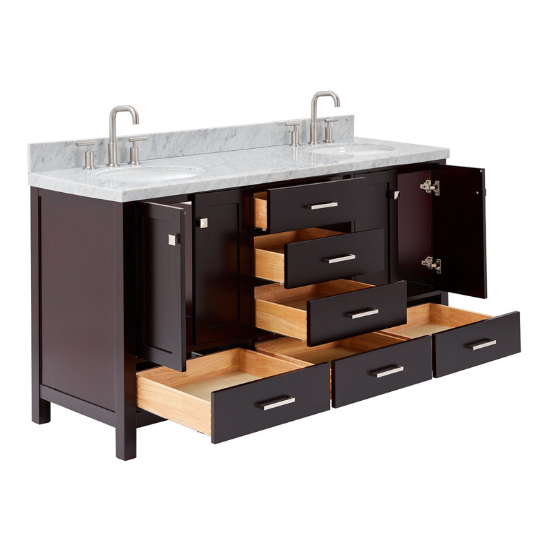 Cambridge 67'' Double Bathroom Vanity with Carrara Marble Top, Espresso / Brushed Nickel