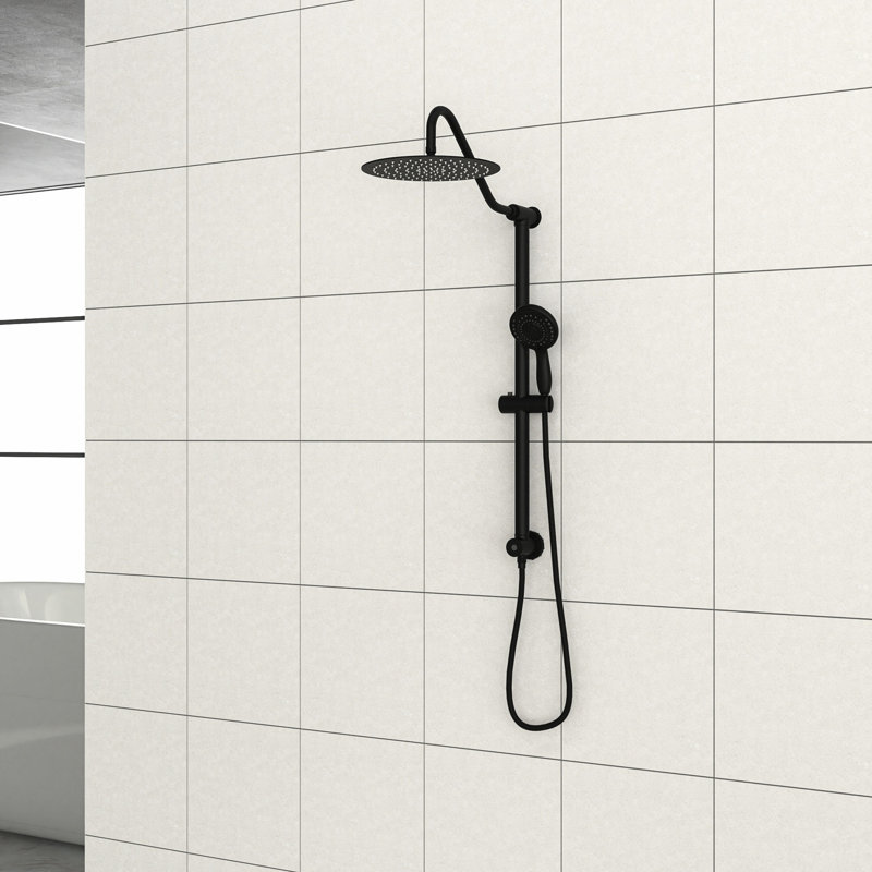 Système de douche noir mat. Tête de 10 pouces et main à 5 fonctions avec barre coulissante de 26,3 po. Fixation murale, installation facile. Réglages: pluie, massage, bulles. Composants livrés. Buse propre. Système de garniture sans valve
