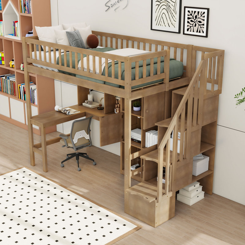 Lit mezzanine simple avec rangement intelligent et bureau à DEL, Noyer
