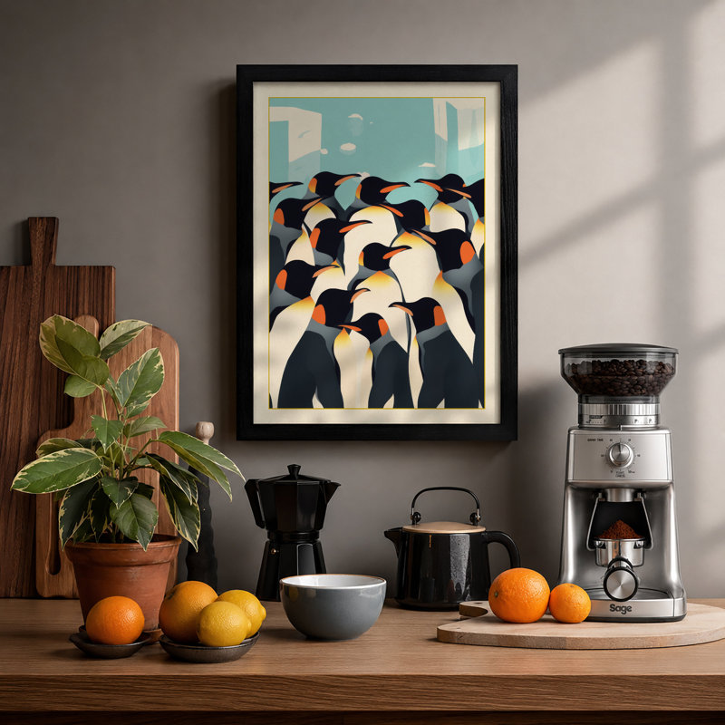 Penguin Cityscape Geometric - Framed Print, A3 - 42.0 x 29.7 cm, Black