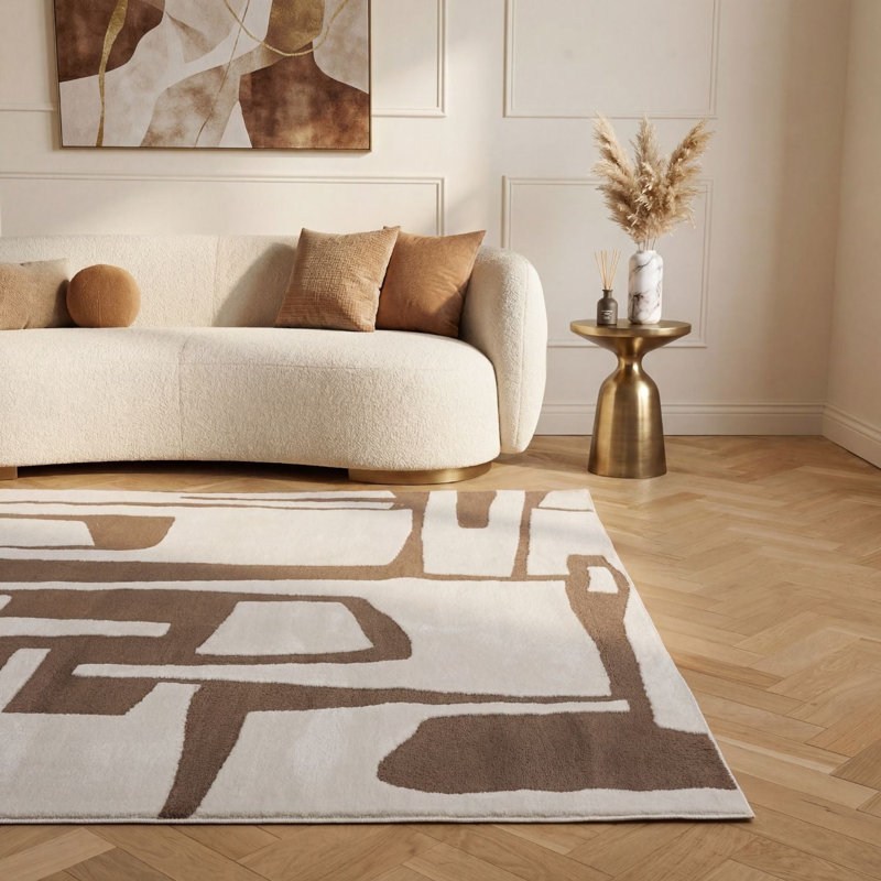 Loft Modern Abstract Living Room Area Rug and Runner Soft Pile, Brown/Ivory, Rectangle 240 x 340 cm