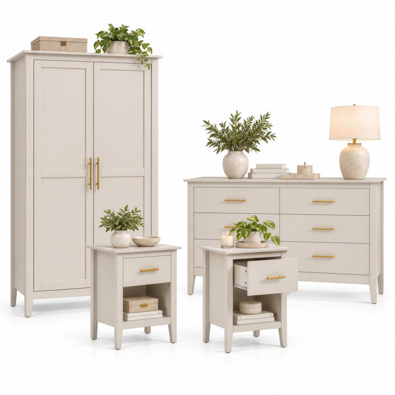 4 Piece Bedroom Furniture Set with 2 Door Wardrobe, 6 Drawer Chest of Drawers & 2 Bedside Tables, Bedroom Storage Set with Gold Handles