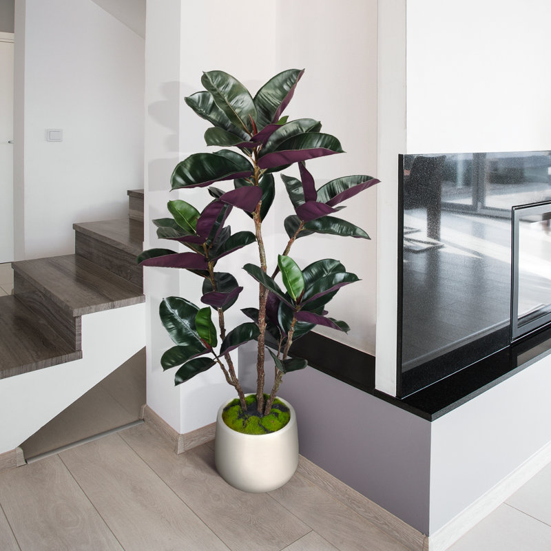 Hévéa artificiel 4,5 pi avec pot décoratif blanc