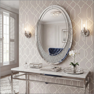 Oval Wall Mirror with Sparkly Crushed Diamond Inlay for Elegant Home Decor, Bathroom, and Entryway