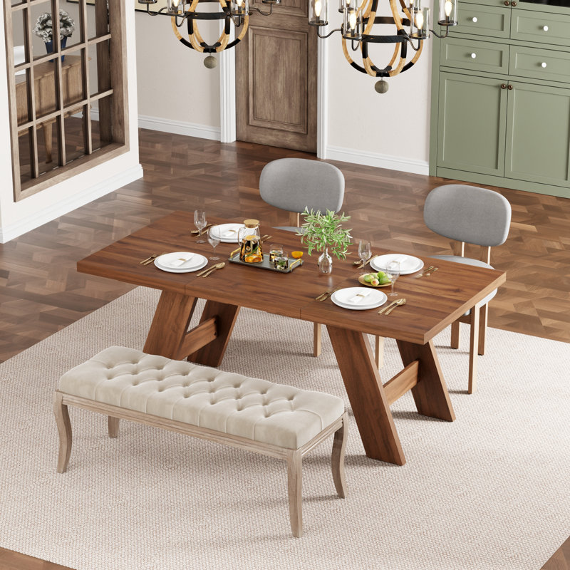 Ensemble de table de salle à manger rectangulaire en panneau de fibres à densité moyenne Dearing, Walnut, Grey/Beige