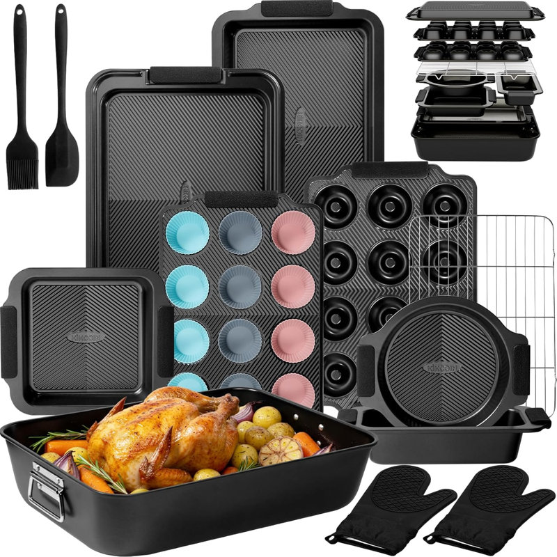 25-Piece Ceramic Nonstick Bakeware Set –   Wave-Textured Base For Easy Release, , Full-Size Pans Include Cookie Sheets & Turkey Roaster, Space-Saving Storage, Gift-Ready For Bakers