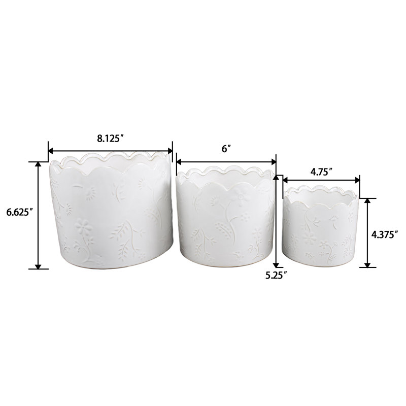 Set Of 3  Scallop Wild Flower Ceramic Pot