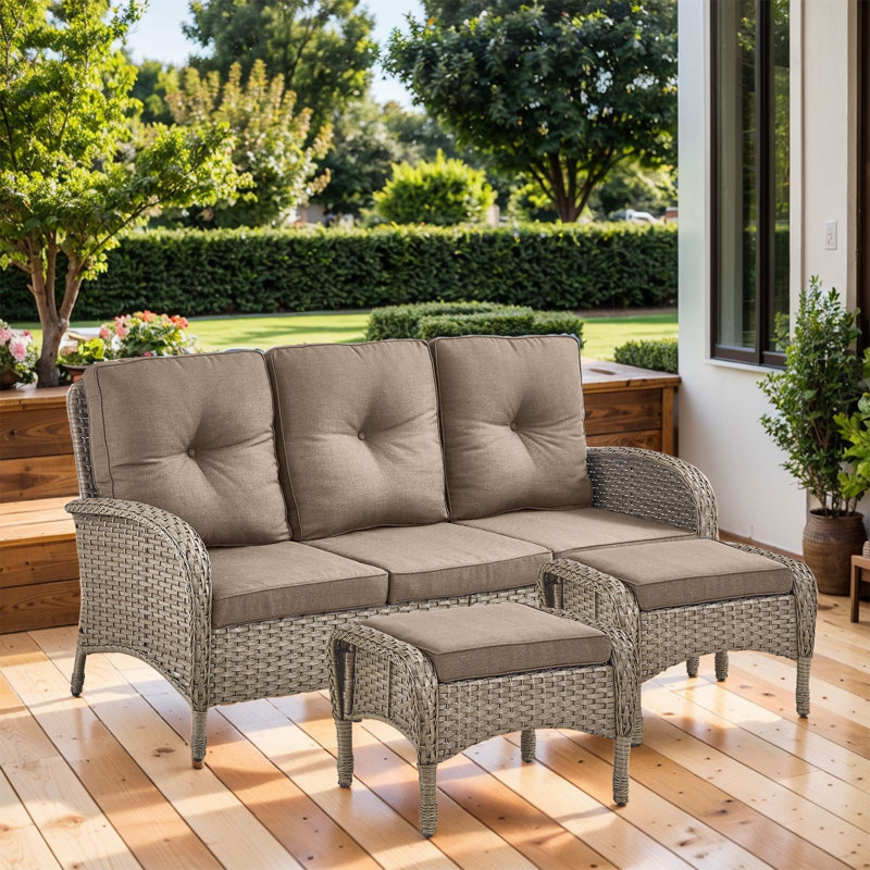 Valierius 3-Piece Outdoor Wicker Patio Furniture With 3 Seat Sofa, Rattan Coversation Set With Water Resistant Cushions, Gray