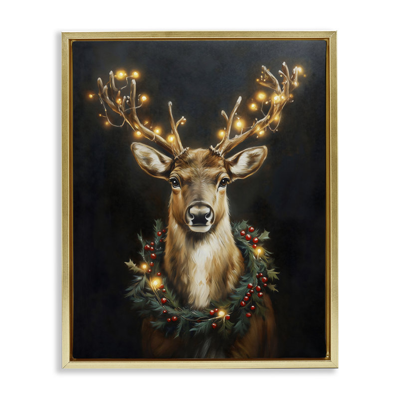 Cadre flottant illuminé avec cerf et couronne, design par Arlington Prints, H 31 po x l 25 po, Cadre flottant métallique doré