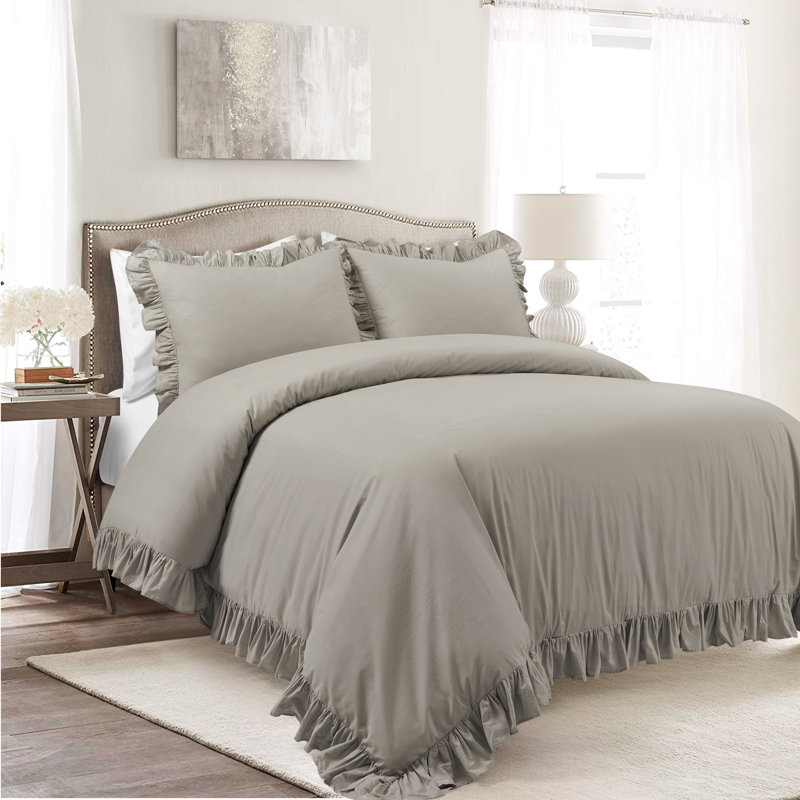 Lush Decor Reyna Ruffle Cotton Duvet Cover Set, Queen Duvet Cover + 2 Shams, Gray