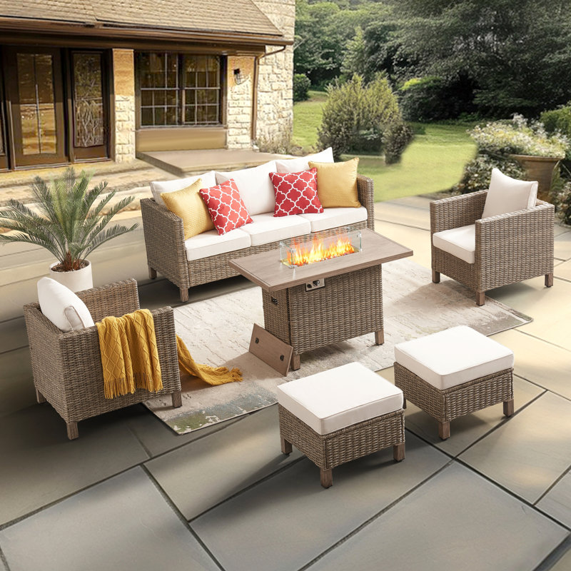 Ensemble de conversation pour patio 6 pièces en osier avec foyer, Beige
