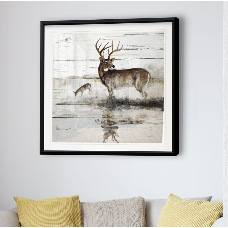 Rustic Misty Deer - Matted and Framed Under Acrylic Glass, Large Living Room Wall Art, 17.5" H x 17.5" W x 1.5" D