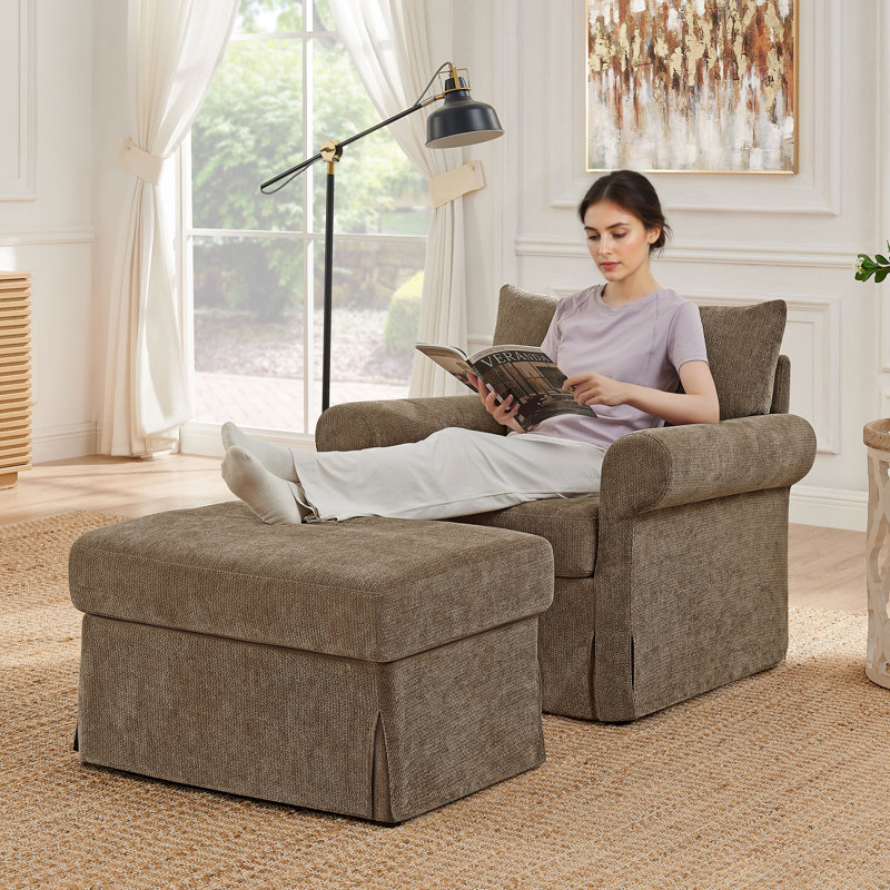 Upholstered Accent Chair With Ottoman, Chenille Reading Armchair, Brown
