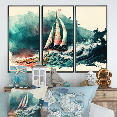 Aquarelle, voilier, croisières, vagues, impression sur toile - 3 pièces