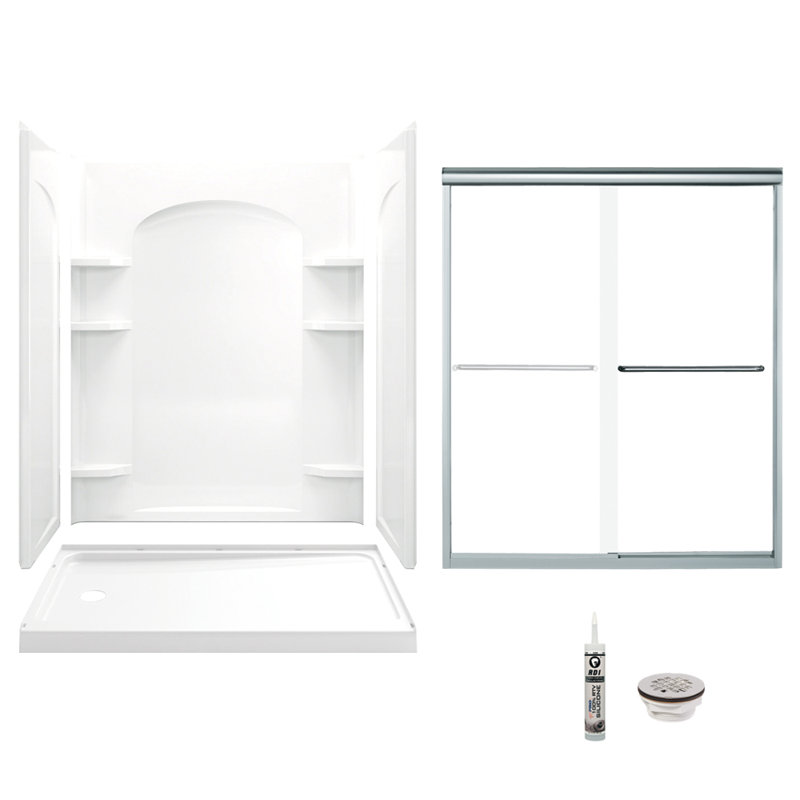 Ensemble de douche rectangulaire sans cadre de 60 po x H 74,75 po avec porte-serviettes et base inclus, Argent