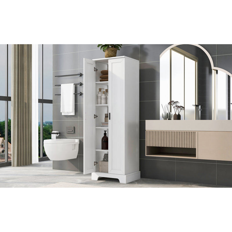  Tall 2-Door Storage Cabinet with 5-Tier Adjustable Shelves, Modern MDF Linen Tower for Bathroom & Office, White, White