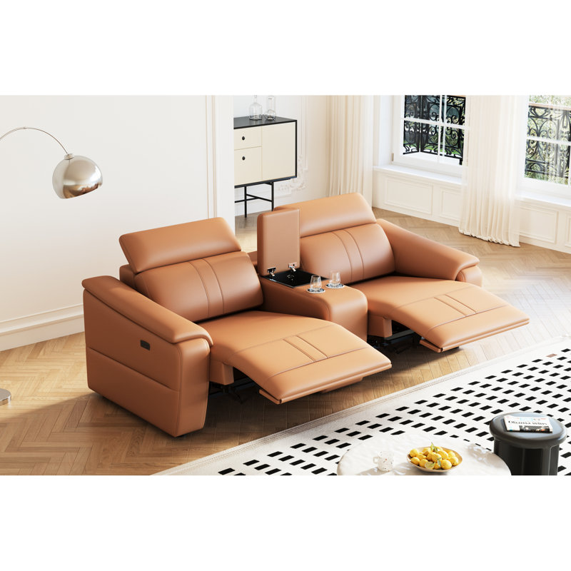 Brown 3 Modular Leather With 2 Cup Holders And Electric Recliner, Comfortable Sectional For Living Room, Modern Design Small Spaces, Breathable High Sponge, Built-in Storage Design,