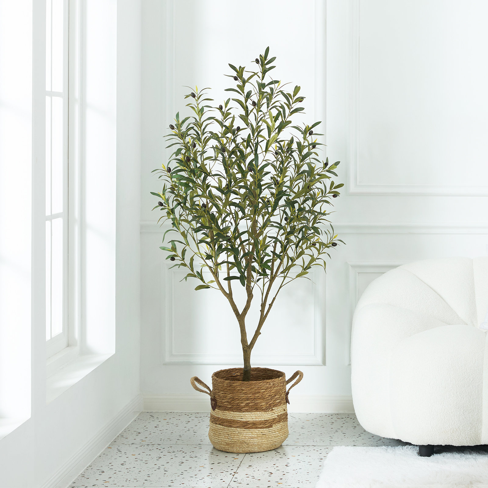 Adcock 72" Olive Tree in Pot, 60" H x 5.10" W x 22" D