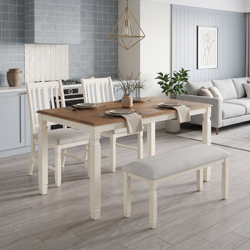 Ensemble de table de salle à manger extensible avec deux chaises rembourrées et un banc, Beige brun