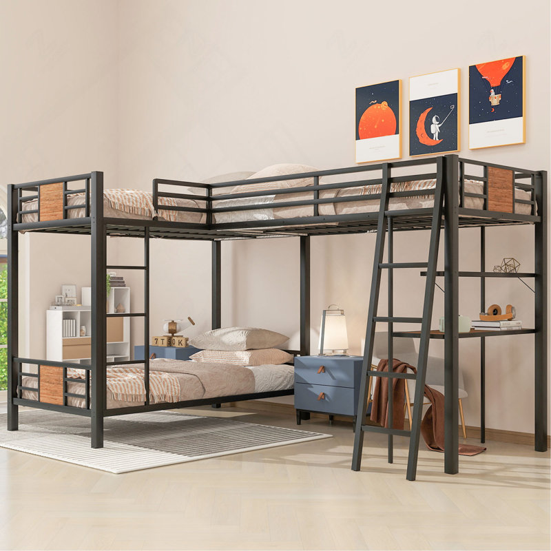 Lit superposé en L avec lit mezzanine avec bureau et tablette pour chambre d'enfant