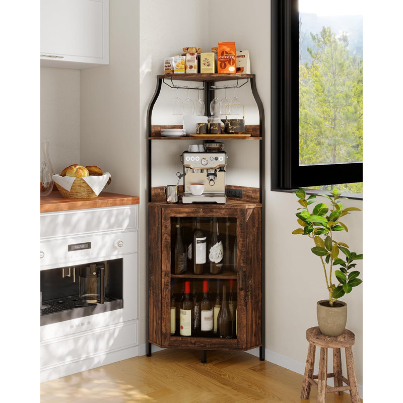 68'' Corner Bar Cabinet with Power Outlet, Industrial 5-Tiers Liquor Cabinets Bar, Brown