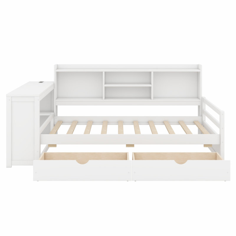 Daybed with Desk, Storage Drawers, Charging Port & Shelves, White