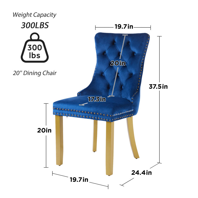Velvet Upholstered Dining Chair with Wood Legs, 2, Gold, Blue