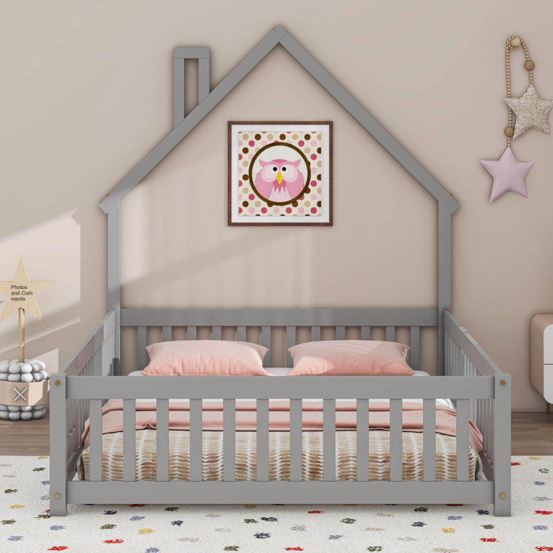 Lit avec clôture et porte, tête de lit en forme de maison, Double, gris