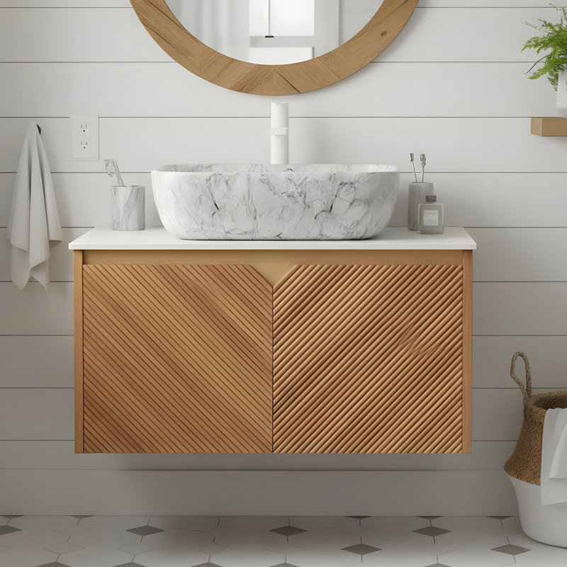 Bathroom vanity and sink, rectangular marble-patterned ceramic basin