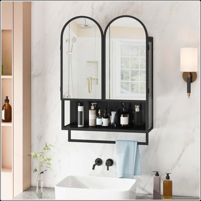 Armoire à miroir moderne à double arche avec rangement, tablette ouverte et porte-serviettes pour la salle de bain et les espaces de vie