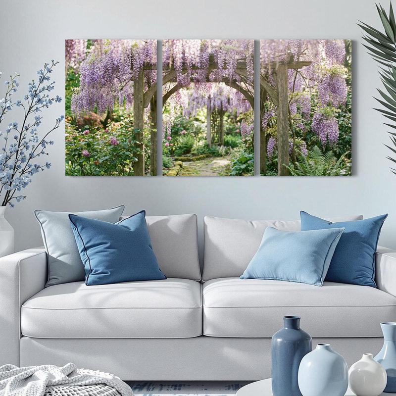 Ensemble de 3 tableaux muraux sur toile à motif floral de jardin de glycine, pour salon, chambre ou décoration intérieure